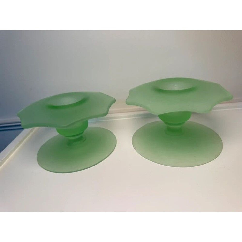 Vintage Frosted Green Glass Pedestal Candle Holders Set of 2 Scalloped